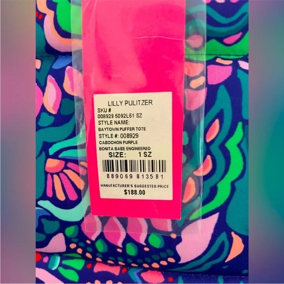 Lilly Pulitzer Baytown Puffer Tote Cabochon Purple Bonita Babe Engineered - Picture 5 of 5